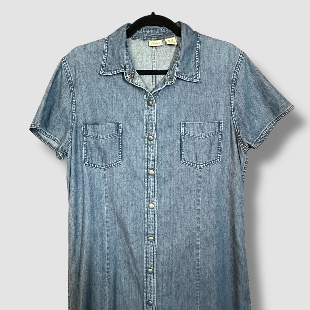 L.L. Bean Denim Shirt Dress Size 16 Blue Snap Button Midi Pockets - Picture 4 of 10